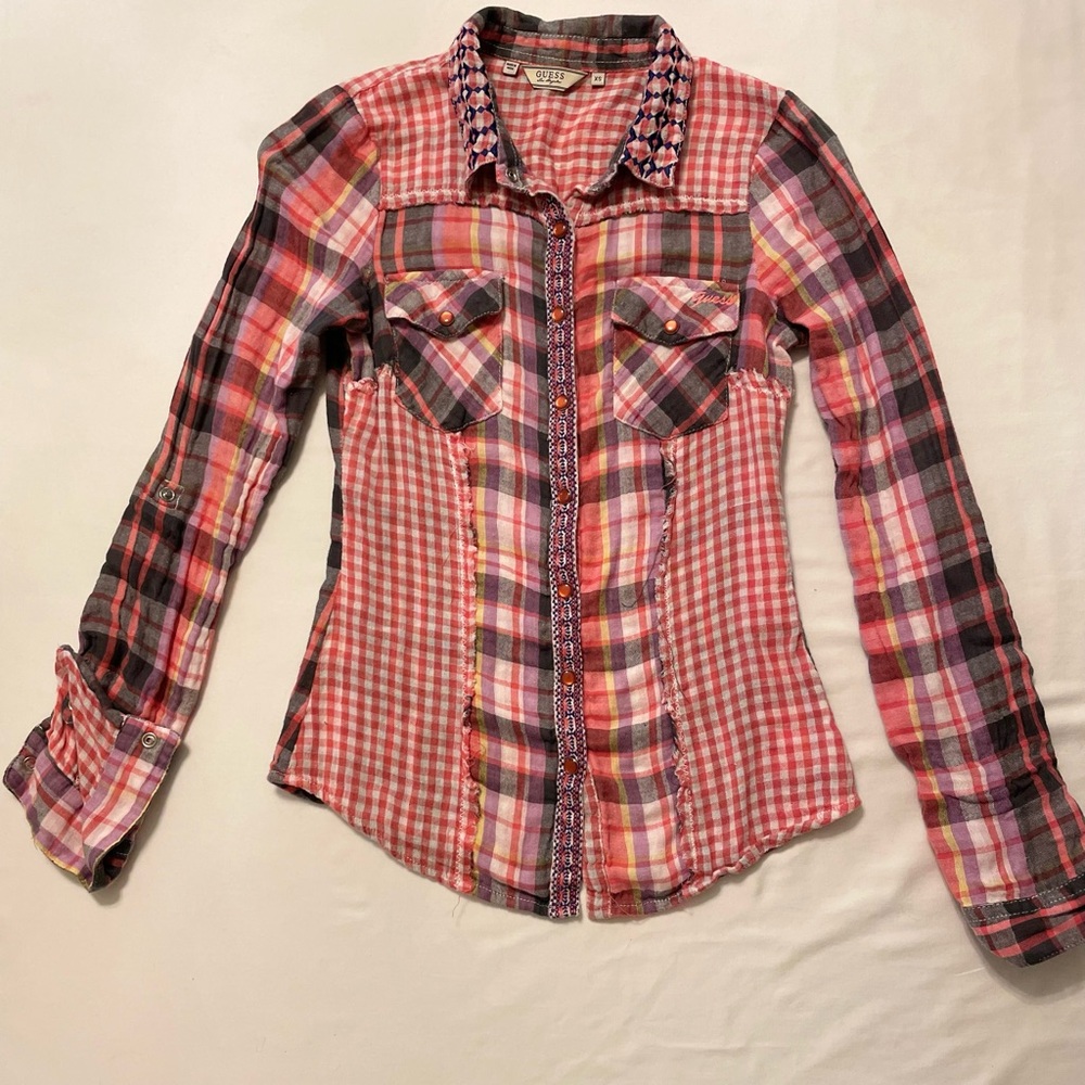 GUESS Poplin embroidered frayed hem flannel